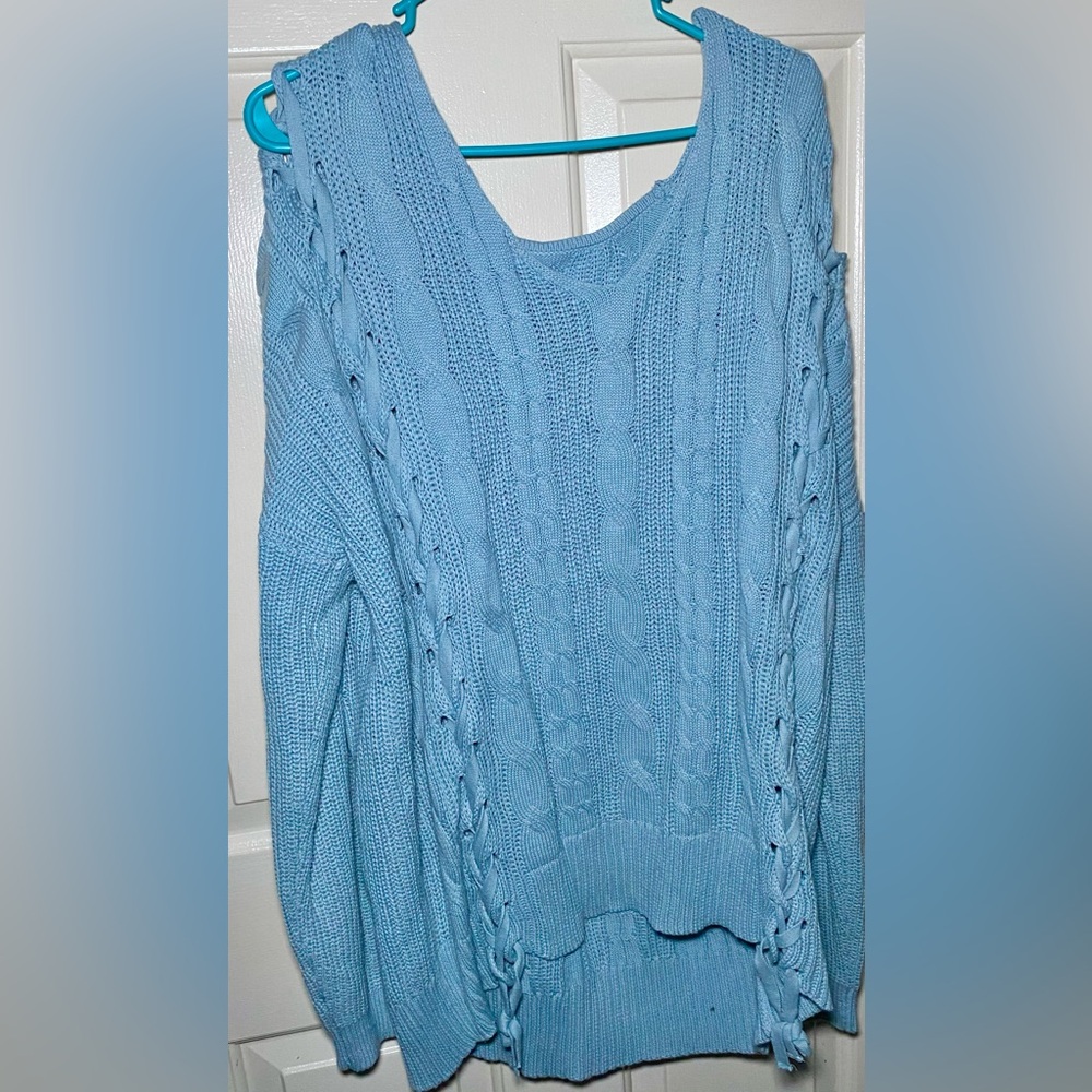 V Neck Oversized Cable Knit Lace Up Chunky Baby Blue Sweater Tunic‎ Top XL - Picture 3 of 3